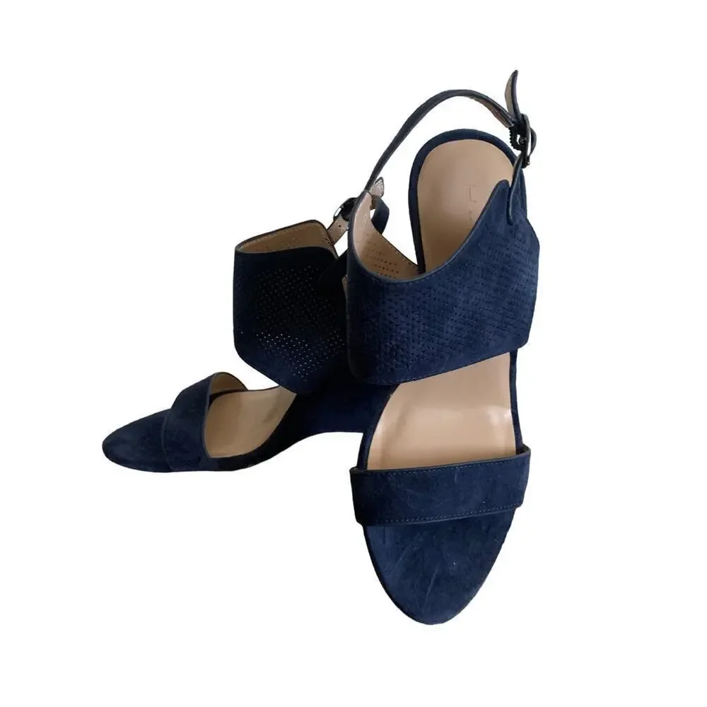 H by Halston Suede Open Toe Wedge Navy Blue McKenzie Sandals Size 5.5 NWOT